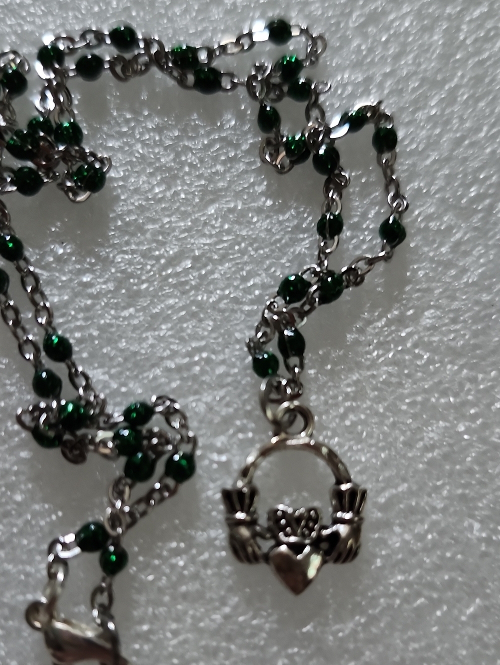 Hand Crafted Green Beaded Claddagh Necklace - Silver Accent